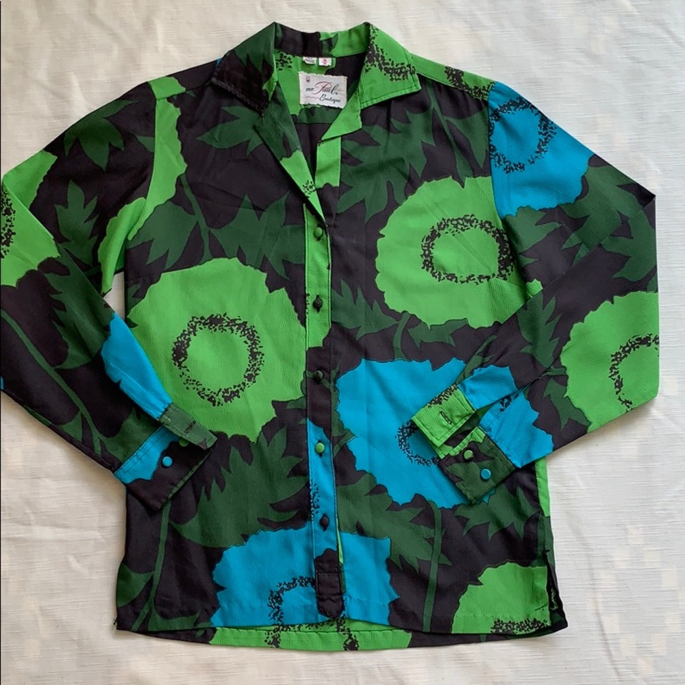 Vintage Mr. Paul Boutique Women Green Blue Floral‎ Dacron Blouse Size 5/6